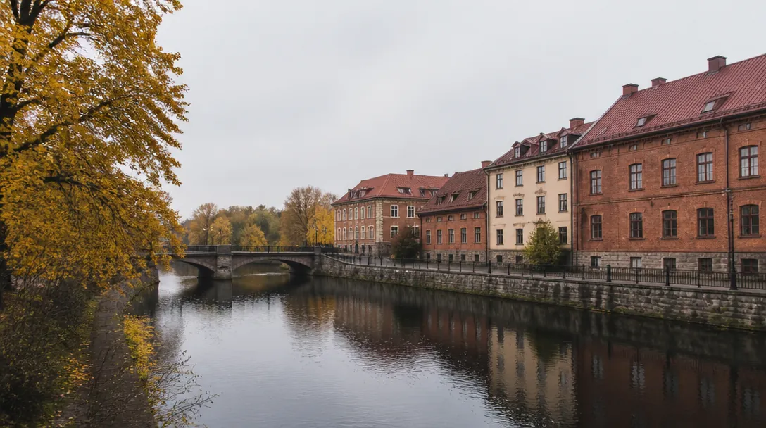 Å genom en småstad med stenbro