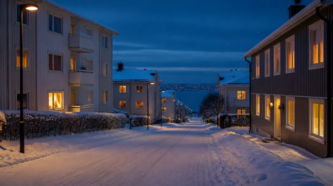 Snöig bostadsgata i skymning